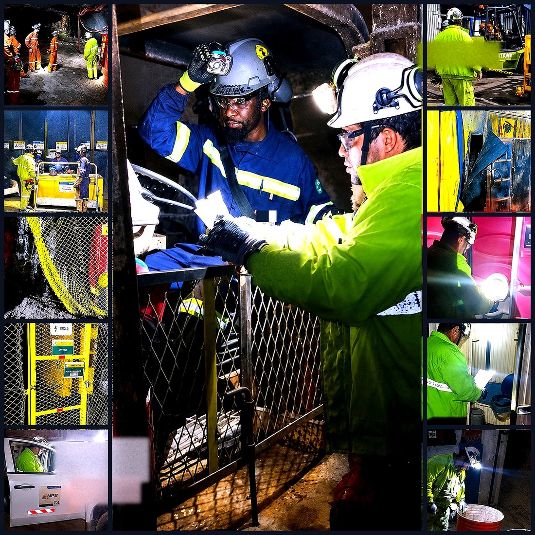 Mosaico de fotos da equipe de infraestrutura em atividade no subsolo: pré-visita, sinalização, elétrica e apoio operacional